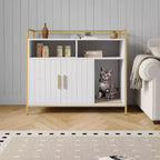 Meuble cache-litière pour chat avec étagères de rangement, armoire pour litière de chat et table d'appoint à cadre métallique moderne pour usage intérieur