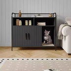 Meuble cache-litière pour chat avec étagères de rangement, armoire pour litière de chat et table d'appoint à cadre métallique moderne pour usage intérieur