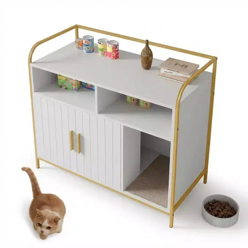 Meuble cache-litière pour chat avec étagères de rangement, armoire pour litière de chat et table d'appoint à cadre métallique moderne pour usage intérieur