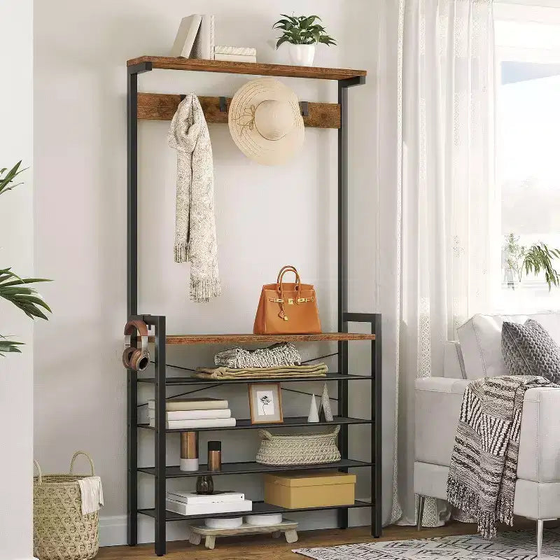Porte-manteau d'entrée avec banc, porte-manteau industriel, range-chaussures à 5 niveaux, 5 crochets pour entrée, couloir, vestibule