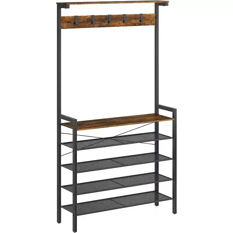 Porte-manteau d'entrée avec banc, porte-manteau industriel, range-chaussures à 5 niveaux, 5 crochets pour entrée, couloir, vestibule