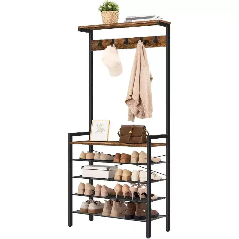 Porte-manteau d'entrée avec banc, porte-manteau industriel, range-chaussures à 5 niveaux, 5 crochets pour entrée, couloir, vestibule
