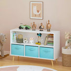 Étagère à livres pour enfants avec tiroirs en tissu pliables, présentoir à livres pour enfants, meuble de rangement de jouets, blanc/bleu