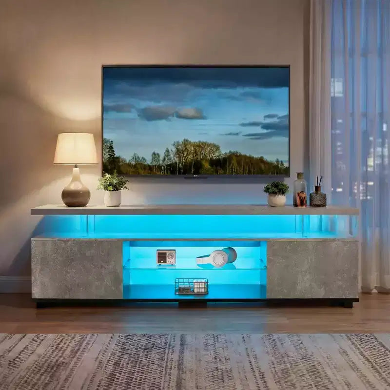 Meuble TV pour centre de divertissement de jeu LED de 55 pouces avec grand meuble latéral pour salon Gris+Noir