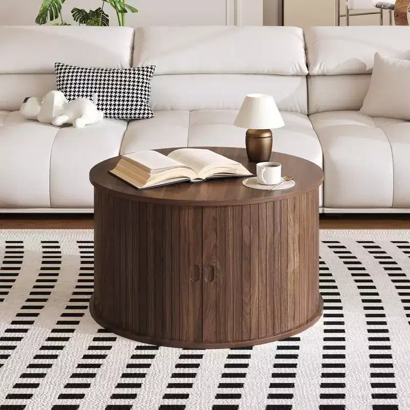 Round Coffee Table with Storage, Fluted Panel Design Coffee Table with Curved Sliding Door and Open Display Shelf, Modern Wooden End Table