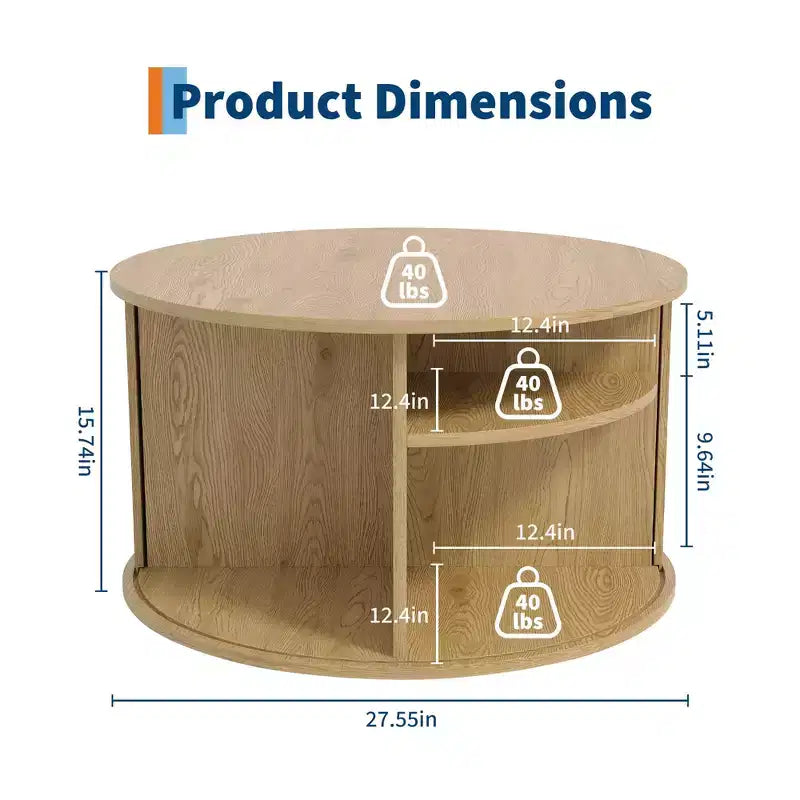 Round Coffee Table with Storage, Fluted Panel Design Coffee Table with Curved Sliding Door and Open Display Shelf, Modern Wooden End Table