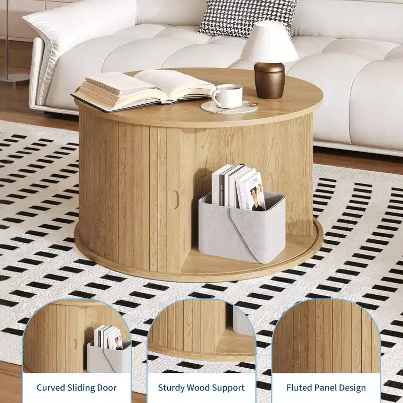 Round Coffee Table with Storage, Fluted Panel Design Coffee Table with Curved Sliding Door and Open Display Shelf, Modern Wooden End Table