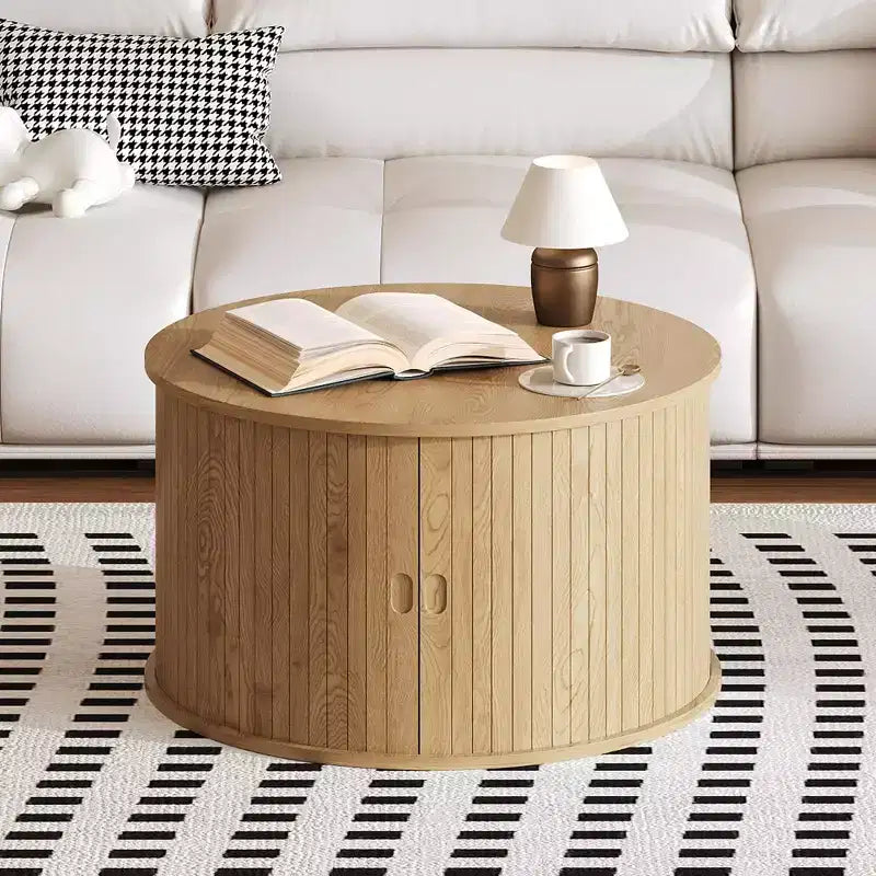 Round Coffee Table with Storage, Fluted Panel Design Coffee Table with Curved Sliding Door and Open Display Shelf, Modern Wooden End Table