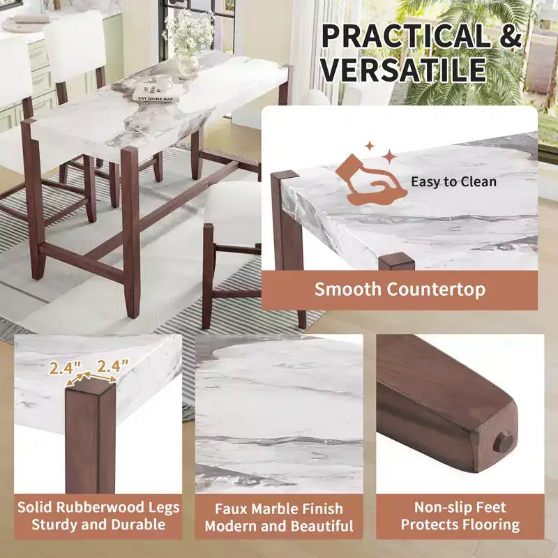 47.5 Counter Height Faux Marble Dining Table with Rubber Wood Legs