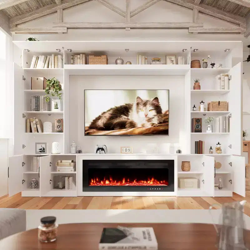 Meuble TV mural 284 cm avec cheminée et lumières LED
