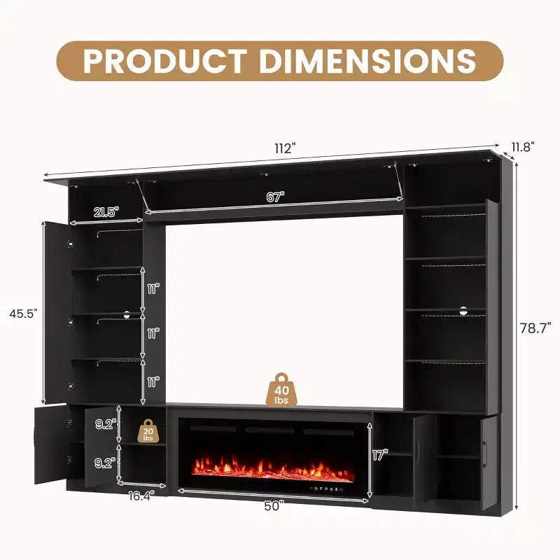 Meuble TV mural 284 cm avec cheminée et lumières LED
