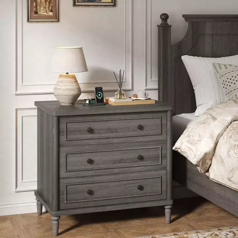 Bestier 3 Drawer Farmhouse Nightstand, Mid-Century Fluted Bedside Table with Power Outlet for Bedroom, 18 Wide Sofa Side End Table