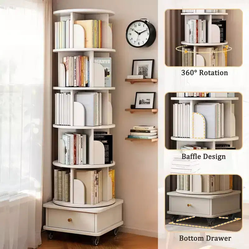 Bibliothèque rotative à 360° à 6 niveaux, tour pivotante ronde blanc chaud 18,11x18,11x68,11 po