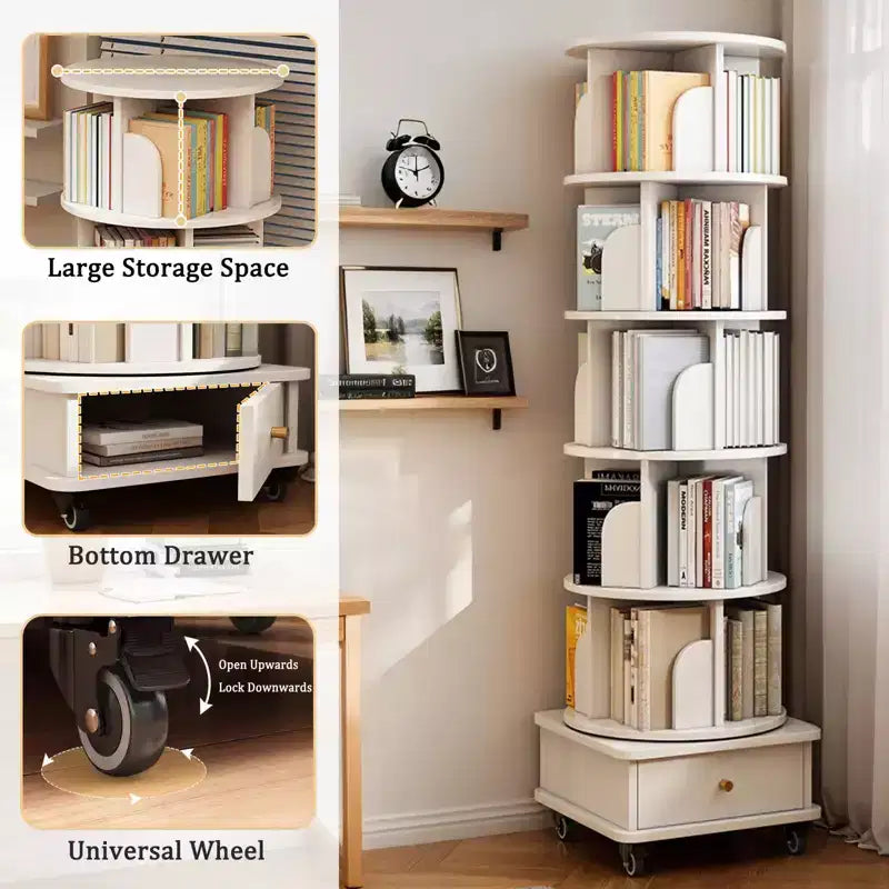 Bibliothèque rotative à 360° à 6 niveaux, tour pivotante ronde blanc chaud 18,11x18,11x68,11 po