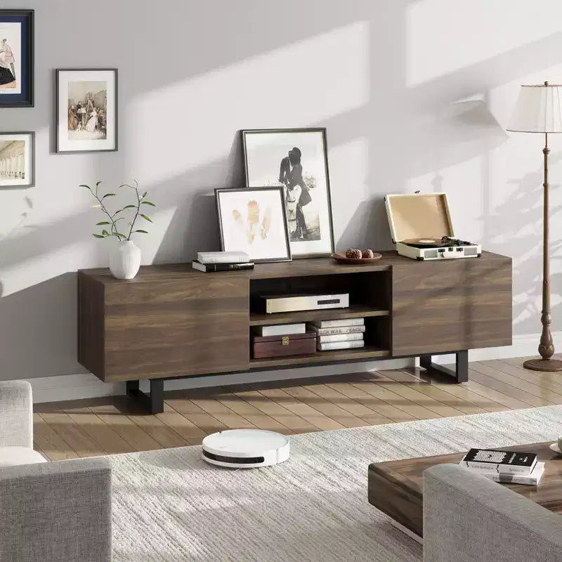 Meuble TV industriel pour centre de divertissement moderne de 80 pouces avec 2 tiroirs Meuble média en bois