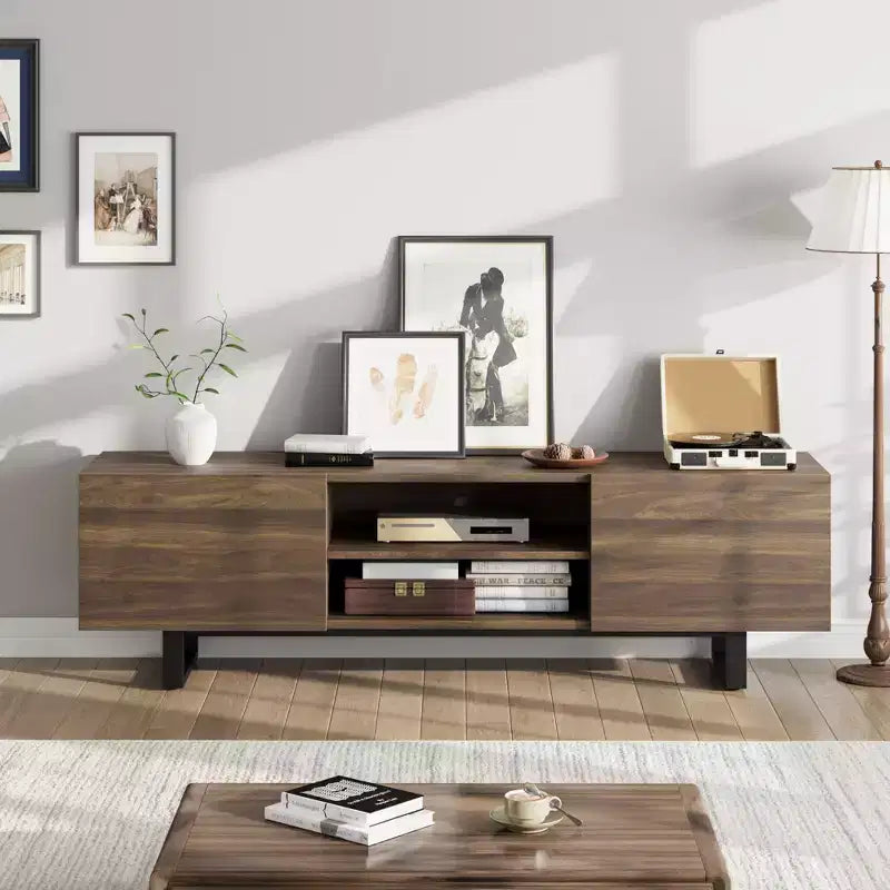 Meuble TV industriel pour centre de divertissement moderne de 80 pouces avec 2 tiroirs Meuble média en bois
