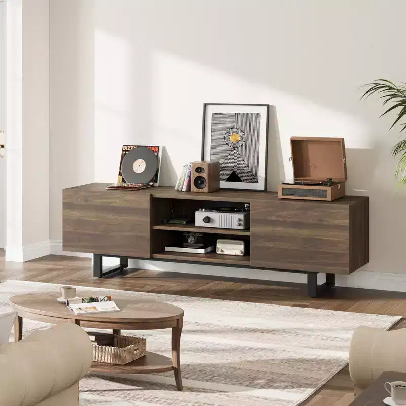 Meuble TV industriel pour centre de divertissement moderne de 80 pouces avec 2 tiroirs Meuble média en bois