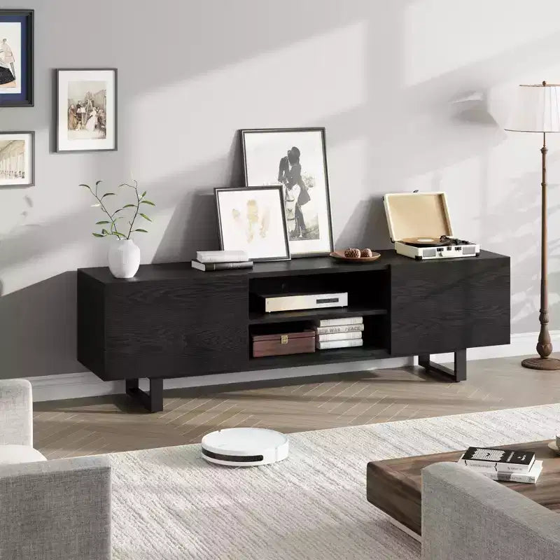 Meuble TV industriel pour centre de divertissement moderne de 80 pouces avec 2 tiroirs Meuble média en bois