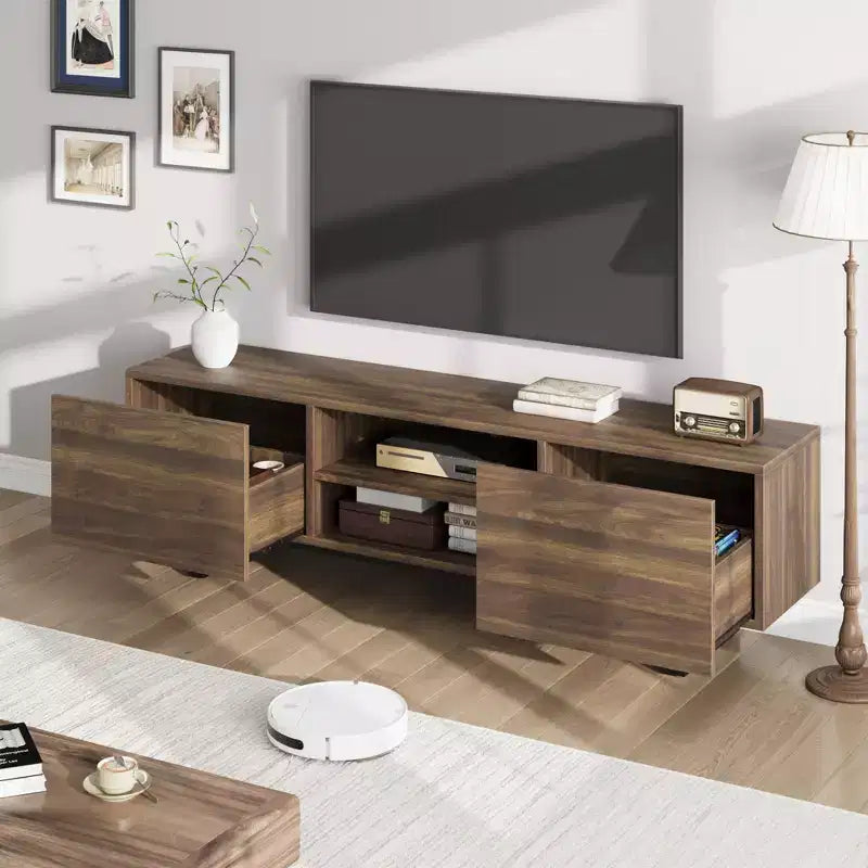 Meuble TV industriel pour centre de divertissement moderne de 80 pouces avec 2 tiroirs Meuble média en bois