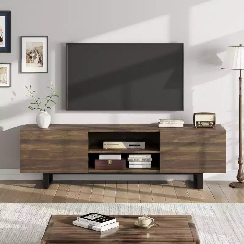 Meuble TV industriel pour centre de divertissement moderne de 80 pouces avec 2 tiroirs Meuble média en bois