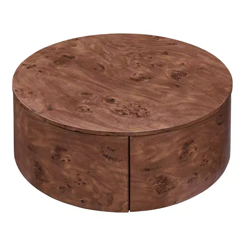 Table basse rotative en noyer de 72 cm avec 2 tiroirs cachés, plateau rotatif à 360°