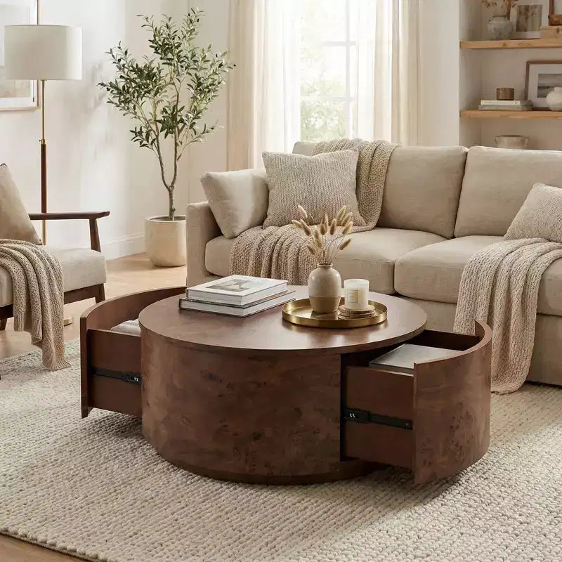 Table basse rotative en noyer de 72 cm avec 2 tiroirs cachés, plateau rotatif à 360°