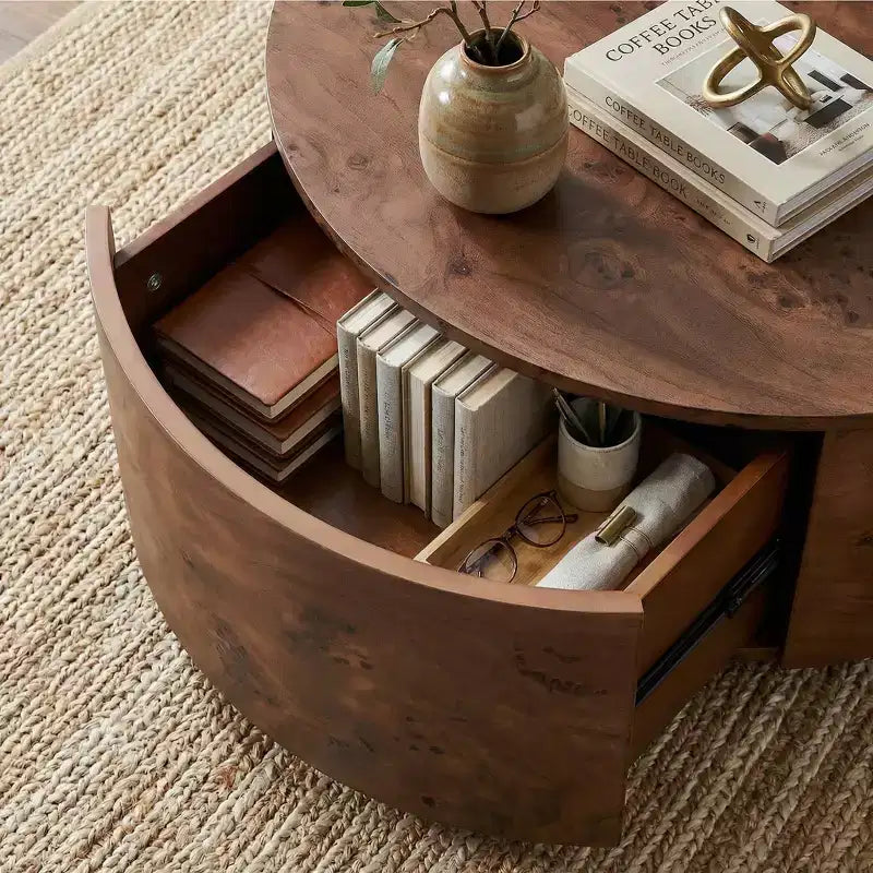 Table basse rotative en noyer de 72 cm avec 2 tiroirs cachés, plateau rotatif à 360°