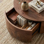 Table basse rotative en noyer de 72 cm avec 2 tiroirs cachés, plateau rotatif à 360°