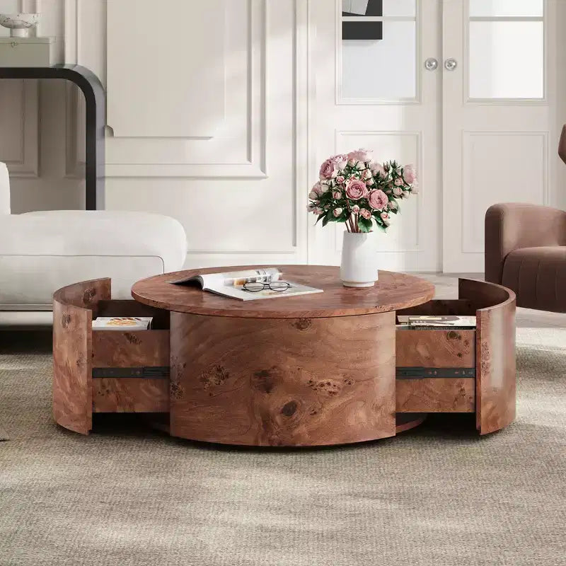 Table basse rotative en noyer de 72 cm avec 2 tiroirs cachés, plateau rotatif à 360°