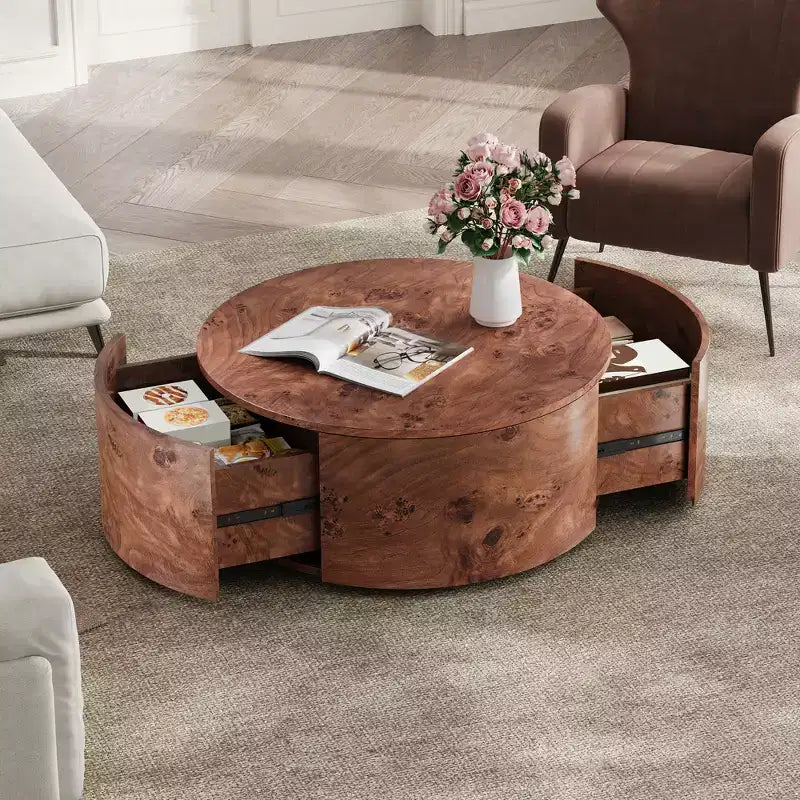 Table basse rotative en noyer de 72 cm avec 2 tiroirs cachés, plateau rotatif à 360°
