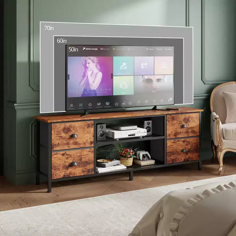 Meuble TV marron de 63 pouces pour téléviseurs jusqu'à 70 pouces, console multimédia, centre de divertissement, 4 tiroirs, étagères ouvertes