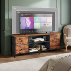 Meuble TV marron de 63 pouces pour téléviseurs jusqu'à 70 pouces, console multimédia, centre de divertissement, 4 tiroirs, étagères ouvertes