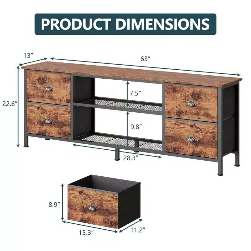 Meuble TV marron de 63 pouces pour téléviseurs jusqu'à 70 pouces, console multimédia, centre de divertissement, 4 tiroirs, étagères ouvertes