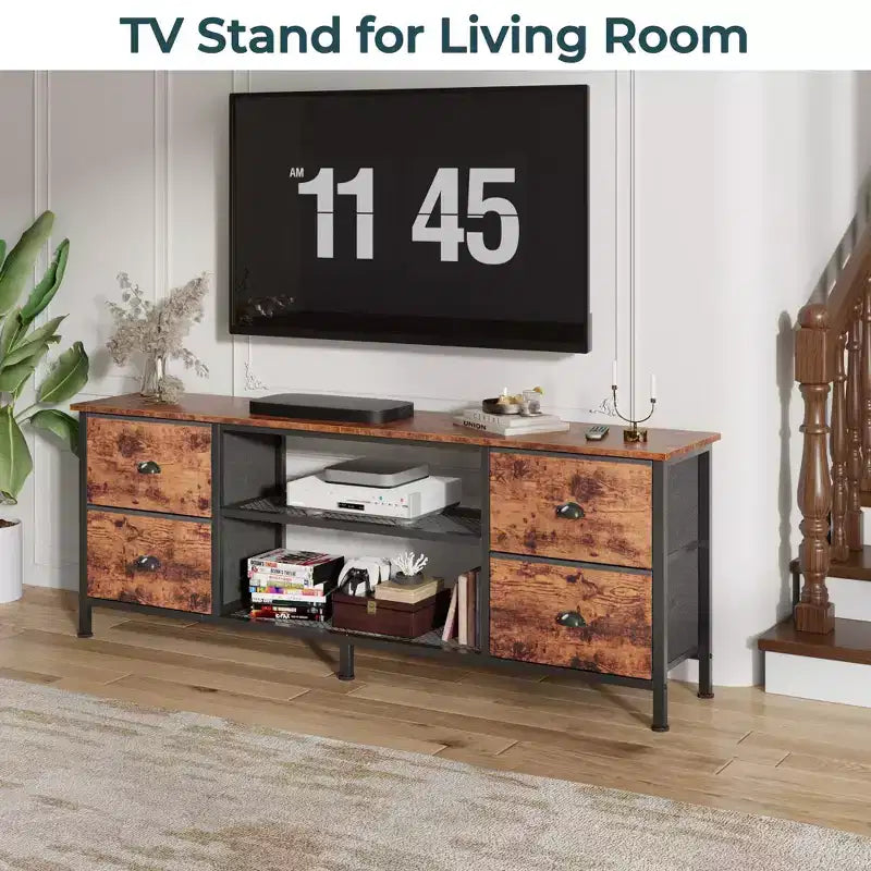 Meuble TV marron de 63 pouces pour téléviseurs jusqu'à 70 pouces, console multimédia, centre de divertissement, 4 tiroirs, étagères ouvertes