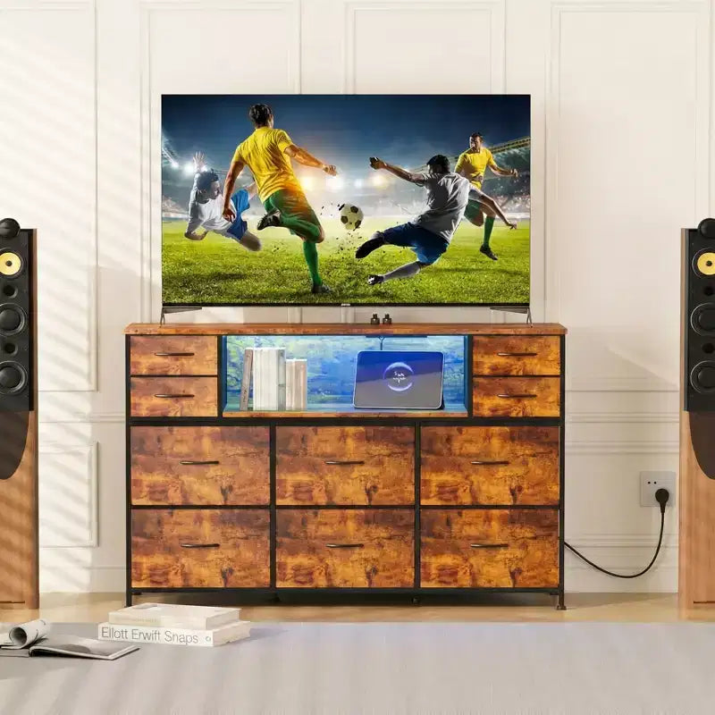 Commode à cadre métallique avec 11 tiroirs en tissu, meuble TV, lumières LED et station de charge