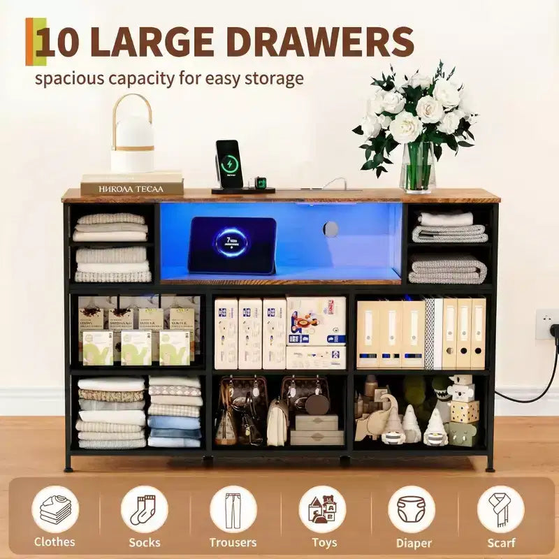 Commode à cadre métallique avec 11 tiroirs en tissu, meuble TV, lumières LED et station de charge