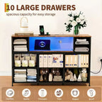 Commode à cadre métallique avec 11 tiroirs en tissu, meuble TV, lumières LED et station de charge