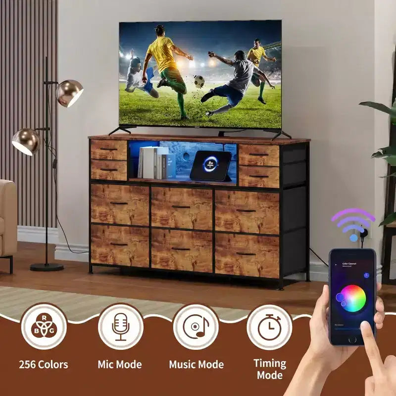 Commode à cadre métallique avec 11 tiroirs en tissu, meuble TV, lumières LED et station de charge