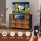 Commode à cadre métallique avec 11 tiroirs en tissu, meuble TV, lumières LED et station de charge