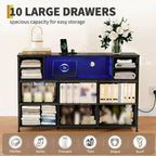 Commode à cadre métallique avec 11 tiroirs en tissu, meuble TV, lumières LED et station de charge
