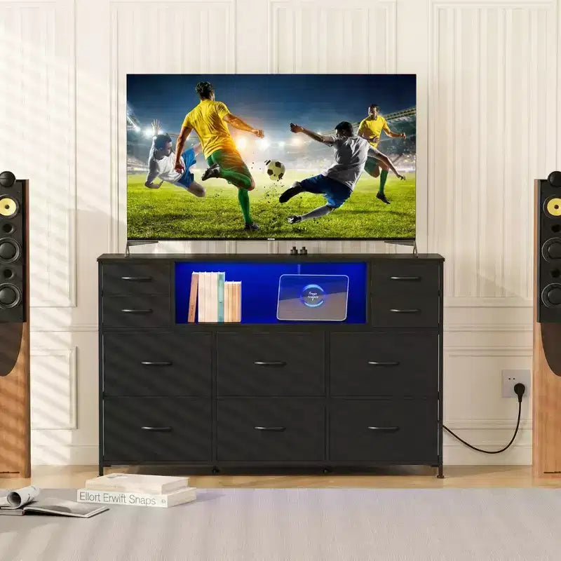 Commode à cadre métallique avec 11 tiroirs en tissu, meuble TV, lumières LED et station de charge
