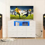 Commode à cadre métallique avec 11 tiroirs en tissu, meuble TV, lumières LED et station de charge