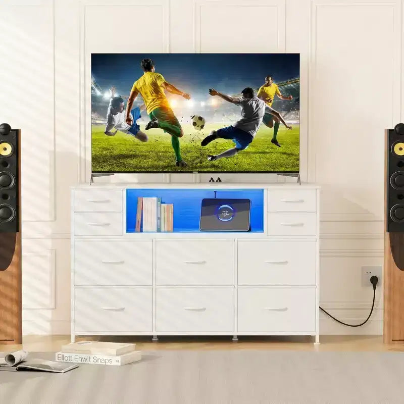 Commode à cadre métallique avec 11 tiroirs en tissu, meuble TV, lumières LED et station de charge