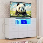 Commode à cadre métallique avec 11 tiroirs en tissu, meuble TV, lumières LED et station de charge