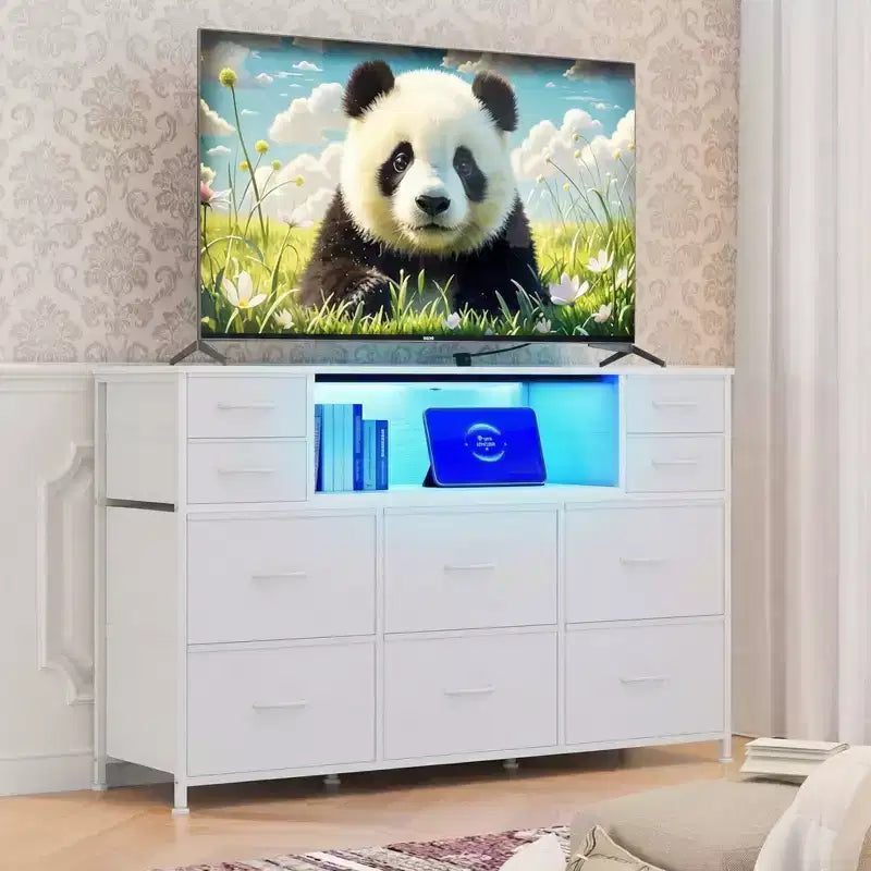 Commode à cadre métallique avec 11 tiroirs en tissu, meuble TV, lumières LED et station de charge