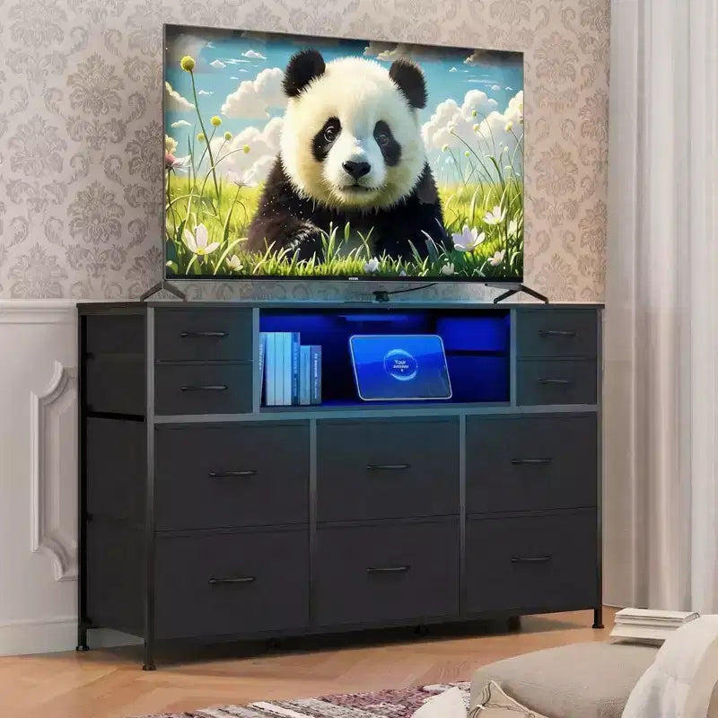 Commode à cadre métallique avec 11 tiroirs en tissu, meuble TV, lumières LED et station de charge