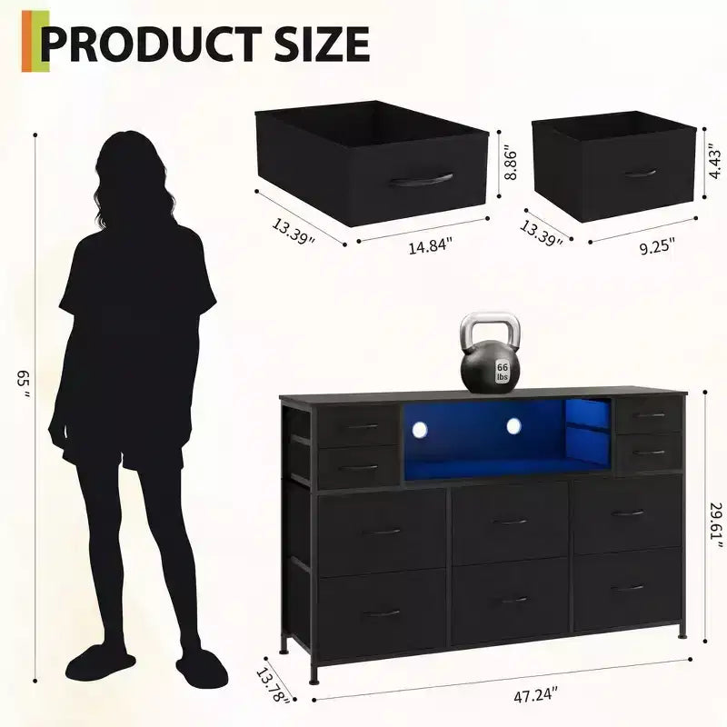 Commode à cadre métallique avec 11 tiroirs en tissu, meuble TV, lumières LED et station de charge