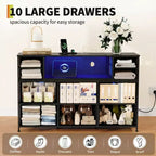 Commode à cadre métallique avec 11 tiroirs en tissu, meuble TV, lumières LED et station de charge