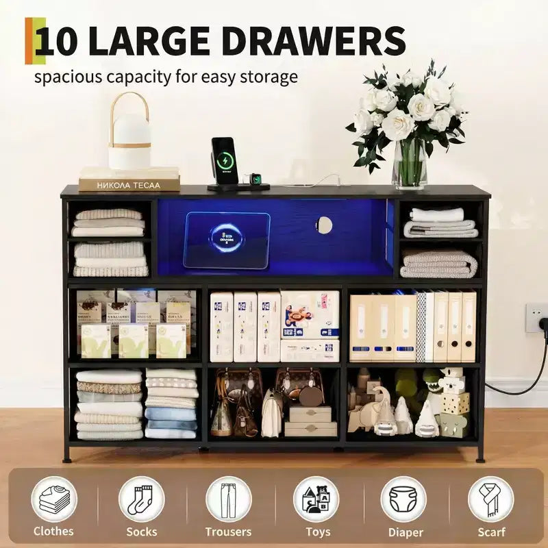 Commode à cadre métallique avec 11 tiroirs en tissu, meuble TV, lumières LED et station de charge