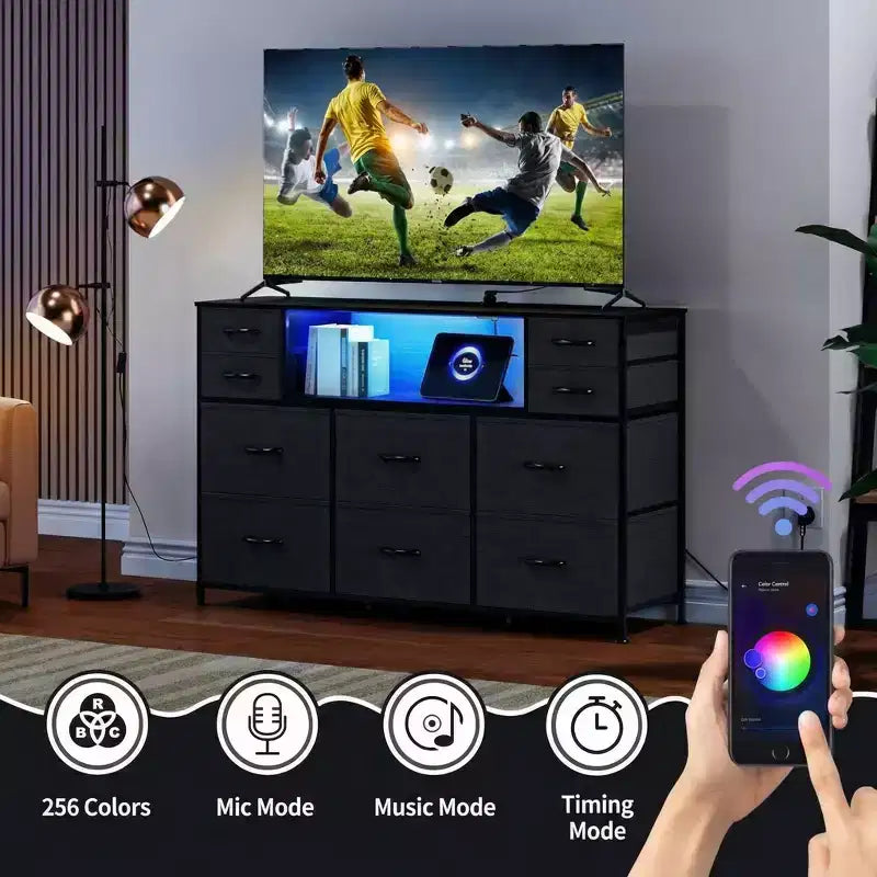 Commode à cadre métallique avec 11 tiroirs en tissu, meuble TV, lumières LED et station de charge